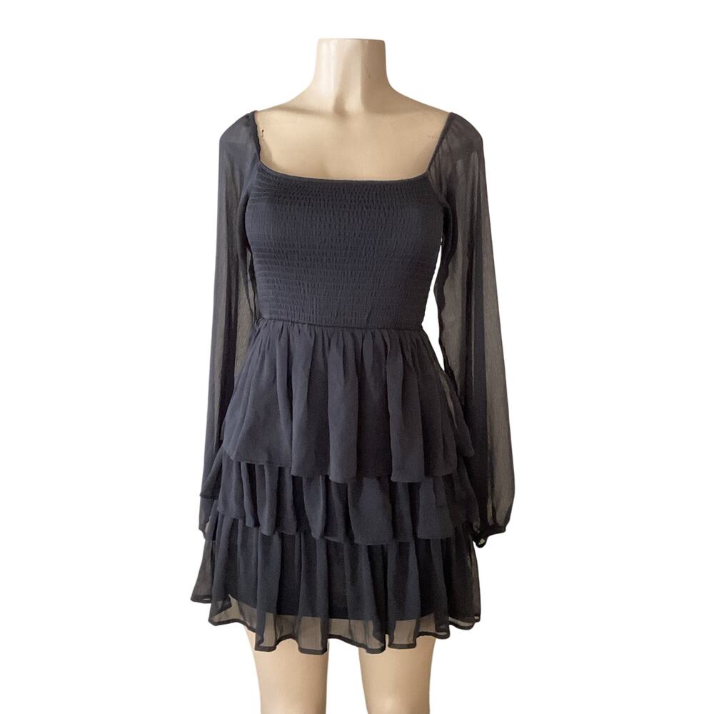 Madden NYC Black Tiered Ruffle Mini Dress Size S Sheer Long Sleeve Smocked
